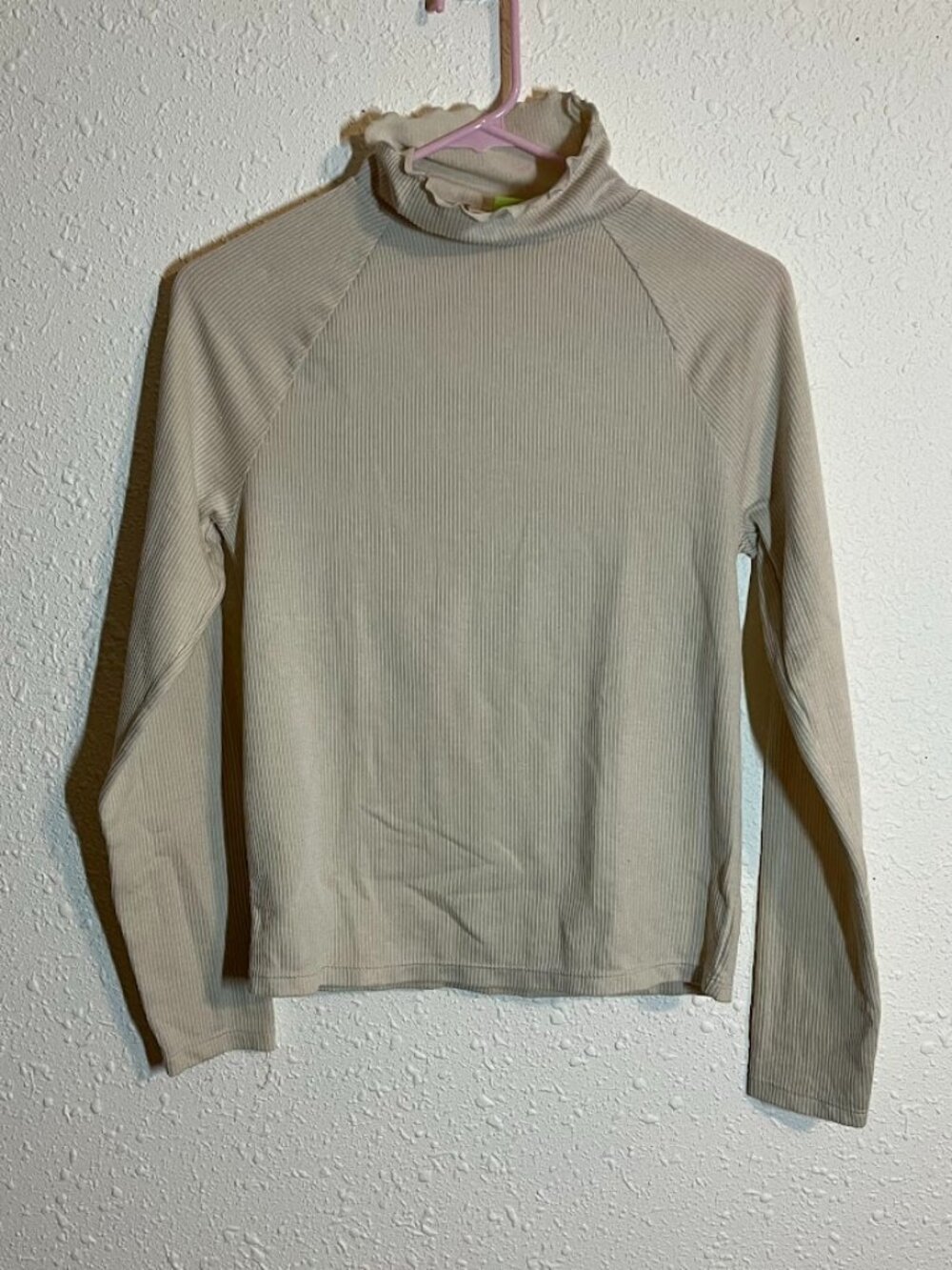 Serra Ribbed Mock Neck Long Sleeve Shirt Lettuce Edge Trim, Beige/Tan, Medium